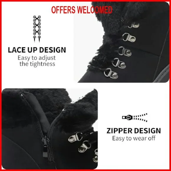 Women's Winter Ankle Boots PU Leather Lace Up Zipper Warm Fuzzy Snow Boots